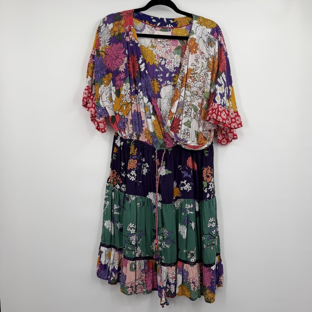 Anthropologie Nettie Dress Womens Large Multicolor Floral Wrap V-Neck Tie Tiered